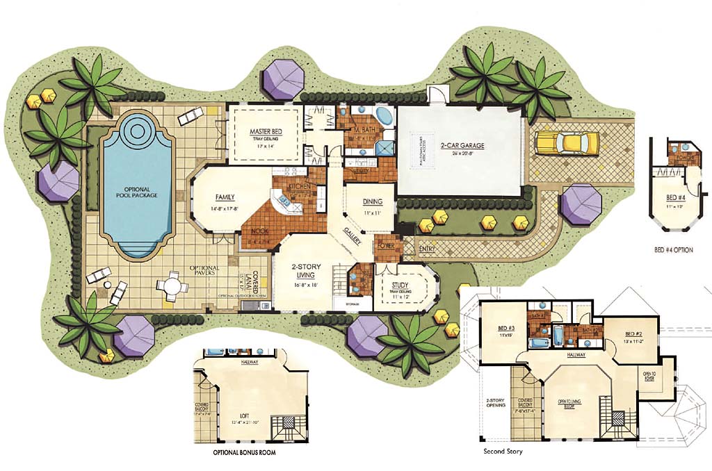 Palermo II Floor Plan in Canwick Cove, Lely Resort, Stock Construction, 3 bedroom, 2 � bath, family room, living room, dining room, study (opt. 2nd floor play room loft), screened covered lanai, 2-car garage