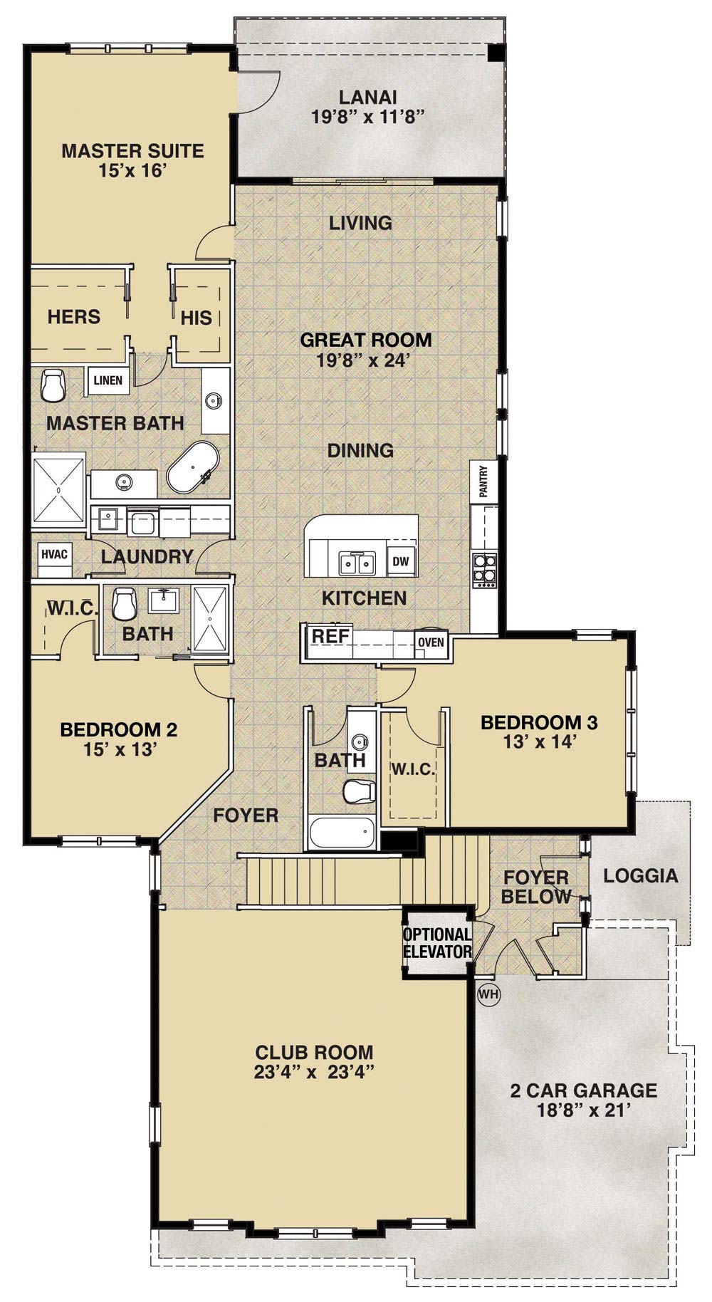 Cipriani Coach Home San Marco Floor Plan, 3 Bedroom, 3 Bath, Greatroom, Club Room with 2 Car Garage