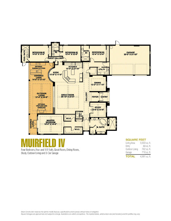 Muirfield IV Floor Plan in Esplanade on Arrezo Ct, Stock Construction, 4 bedroom, 4.5 bath, great room, study, dining room, screened covered lanai, outdoor kitchen area, 3-car garage