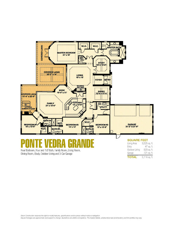 Ponte Verde Grande Floor Plan in Hedgestone at Twin Eagles, Stock Construction, 4 bedroom, 4.5 bath, family room, living room, study, dining room, 3-car garage