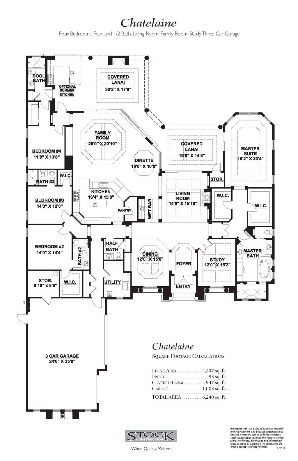 Chatelaine Floor Plan in Isla Del Sol at Fiddlers Creek, Naples, Stock Construction, 4 bedroom, 4 1/2 bath, living room, family room, study, dining room, dinette, 3-car garage with A/C storage area.