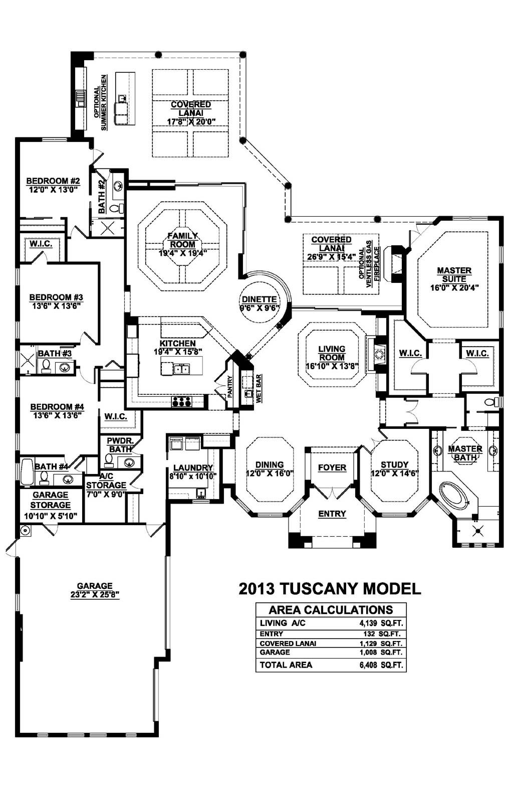 Tuscany Floor Plan in Isla Del Sol at Fiddlers Creek, Naples, Stock Construction, 4 bedroom, 4.5 bath, living room, family room, dining room, dinette, study, 3-car garage with A/C storage area