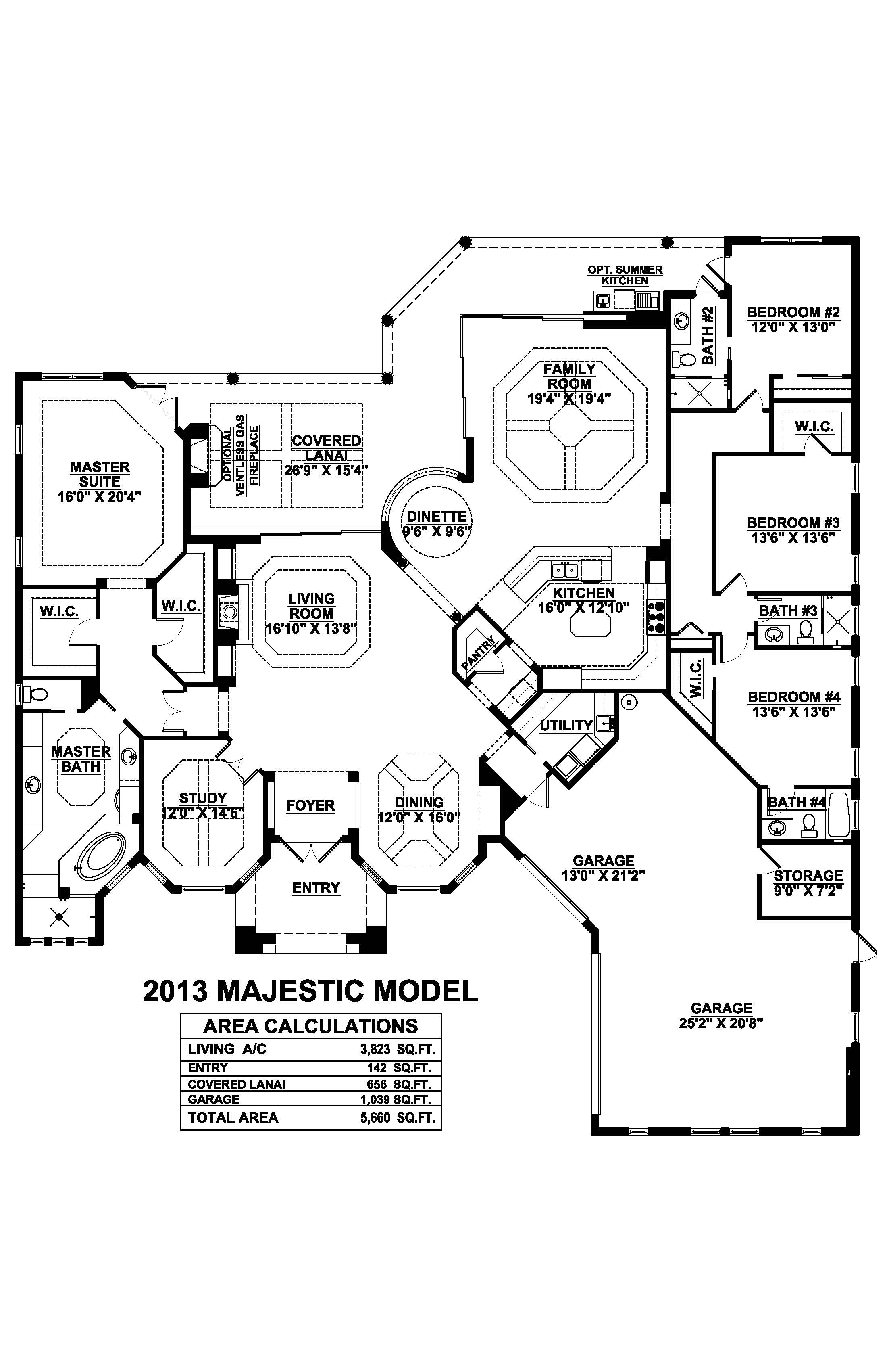 Majestic Floor Plan in Lakoya, Stock Construction, 4 bedroom, 4 bath, living room, family room, dining room, dinette, study, screened covered lanai, outdoor living, 3-car garage with A/C storage area