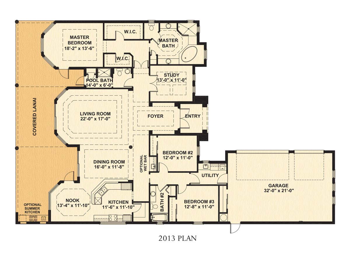 Scottsdale II Floor Plan in Lakoya, Stock Construction, 3 bedroom, 3 bath, living room, dining room, study, screened covered lanai, 3-car garage