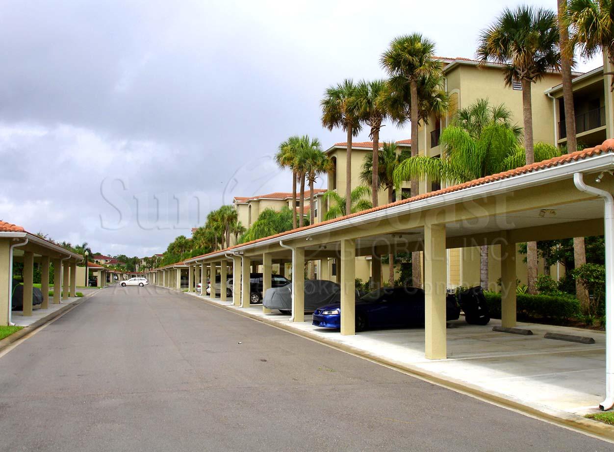 HERITAGE BAY Terraces are 4-story condos with tile roofs and car ports
