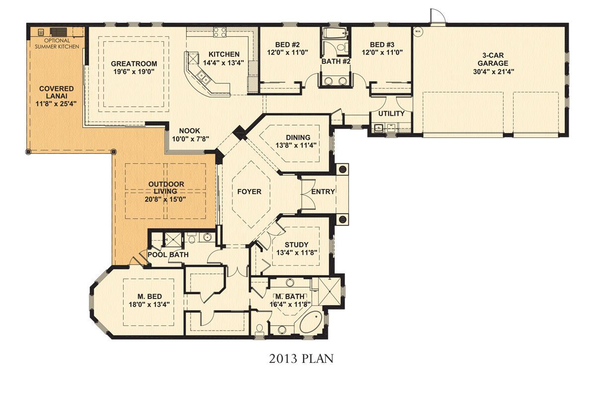 Harbourtown II Floor Plan in Wicklow at Twin Eagles, Stock Construction, 3 bedroom, 3 bath, great room, study, dining room, screened covered lanai, 3-car garage